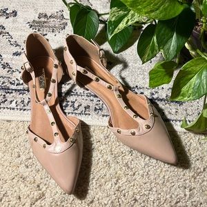 Halogen Pointed Toe Studded Faux Leather Flat Nude